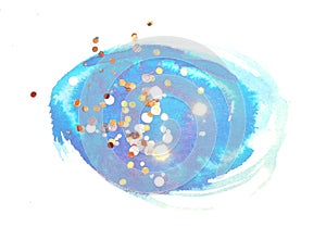 Abstract blue watercolor splash and multicolored glittering confetti on white background