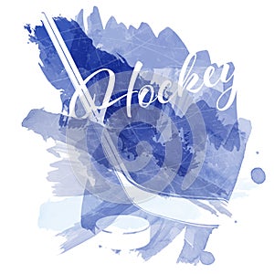 Abstract blue watercolor splashes with ice hockey equipment silhouettes