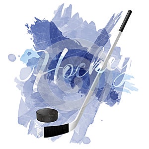 Abstract blue watercolor splashes with ice hockey equipment