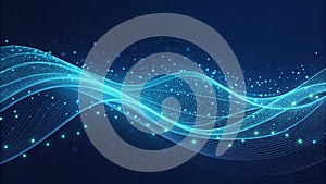 Abstract blue wave of light and particles on dark background