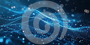 Abstract blue wave patterns with glowing particles and bokeh effects