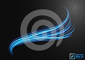 Abstract blue wavy line of light with sparks, isolated and easy to edit. Vector Illustration