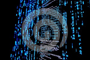 Abstract Blue and White Digital Matrix Rain on Black Backdrop High Technology Concept