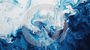 Abstract blue and white fluid art painting with dynamic swirl patterns