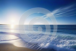 abstract blue and white ocean and sky with horizontal lines, blurred serene blue background