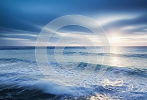 abstract blue and white ocean and sky with horizontal lines, blurred serene blue background