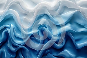 Abstract blue and white silky shiny satin drapery, wavy background texture backdrop, 3d render illustration, generative ai