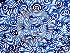 Abstract blue white spiral wave sea ocean watercolor painting