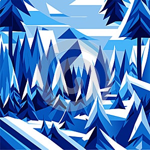 Abstract blue winter background with snowflakes and trees. Vector illustration. Generative AI