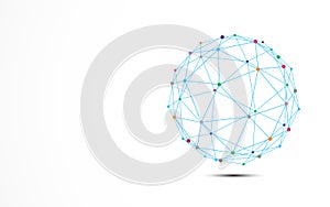 Abstract blue wire frame with colorful dots connection node. Technology and Science concept