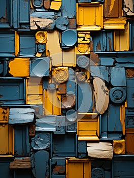 abstract blue and yellow painted wall with many different types of doors