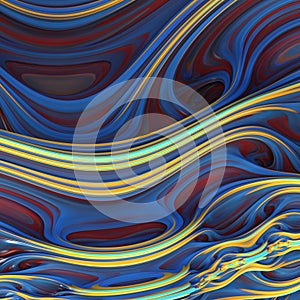 Abstract blue, yellow and red 3d waves.3d illustration, 3d rendering