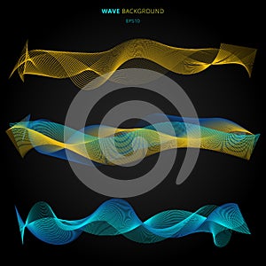 Abstract blue and yellow smooth waves lines elements on black background