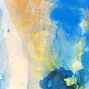 abstract blue yellow watercolor background design wash aqua painted texture close up