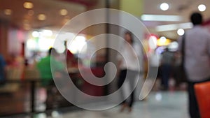Abstract blur background of shopping mall and crowd of walking people in the shopping mall center with bokeh