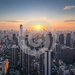 Abstract blur big city skyline landscape sunrise background. Bangkok, Thailand, Asia made with Generative AI