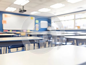 Abstract Blur Classroom Interior with Desks and Whiteboard photo