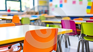 Abstract Blur Classroom Interior with Desks and Whiteboard photo