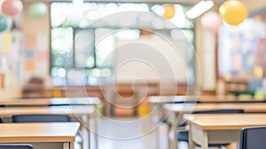 Abstract Blur Classroom Interior with Desks and Whiteboard photo