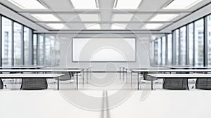 Abstract Blur Classroom Interior with Desks and Whiteboard photo