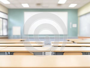 Abstract Blur Classroom Interior with Desks and Whiteboard photo