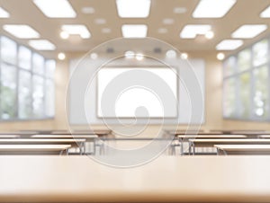 Abstract Blur Classroom Interior with Desks and Whiteboard photo