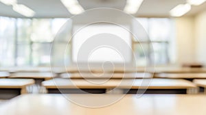 Abstract Blur Classroom Interior with Desks and Whiteboard photo