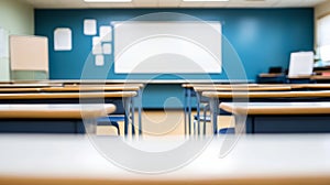Abstract Blur Classroom Interior with Desks and Whiteboard photo