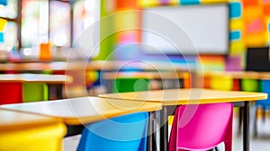Abstract Blur Classroom Interior with Desks and Whiteboard photo