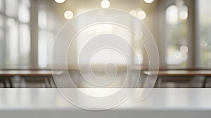 Abstract Blur Classroom Interior with Desks and Whiteboard photo