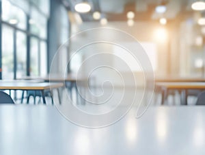Abstract Blur Classroom Interior with Desks and Whiteboard photo