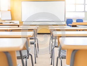 Abstract Blur Classroom Interior with Desks and Whiteboard photo