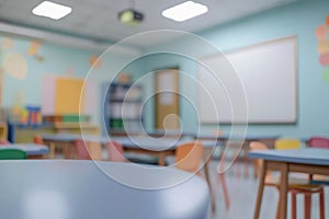 Abstract Blur Classroom Interior with Desks and Whiteboard photo