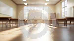 Abstract Blur Classroom Interior with Desks and Whiteboard photo