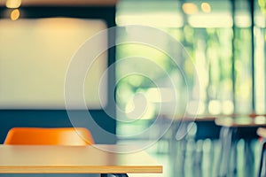 Abstract Blur Classroom Interior with Desks and Whiteboard photo