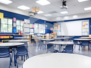 Abstract Blur Classroom Interior with Desks and Whiteboard photo