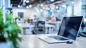 Abstract Blur Coworking Space with Desks and Laptops photo