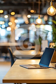Abstract Blur Coworking Space with Desks and Laptops photo