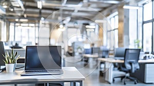 Abstract Blur Coworking Space with Desks and Laptops photo