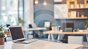Abstract Blur Coworking Space with Desks and Laptops photo