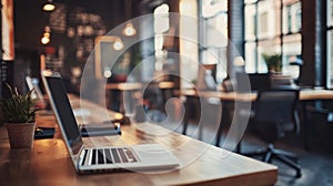 Abstract Blur Coworking Space with Desks and Laptops photo