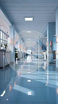 Abstract blur highlights hospital and clinic interiors, suggesting bustling healthcare environments