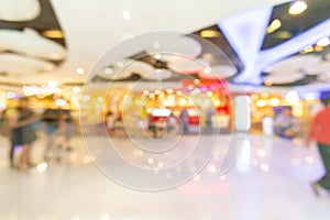 Abstract blur lights in retail shop mall background. Interior clean supermarket lifestyle concept for city store billboard,