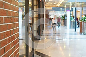 Abstract blur luxury shopping mall and retails store interior with brick wall for background