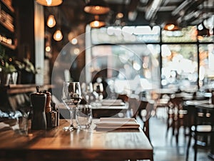 Abstract Blur Restaurant Interior with Dining Tables photo