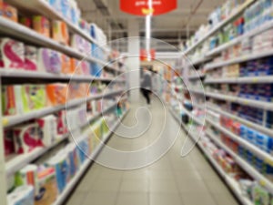 Abstract blur shelf in minimart and supermarket. Motion blurred customers walking in shopping mall