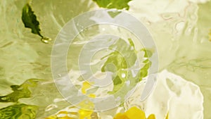 Abstract blur water surface motion, splash, ripples, lemon fruit and mint leaves