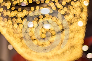Abstract blur yellow bokeh background from decoration hanging light in department store.