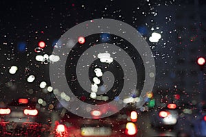 abstract blurred background during rain in a traffic jam in a big city.
