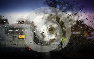 Abstract blurred background of traffic jam in the city on heavy rain